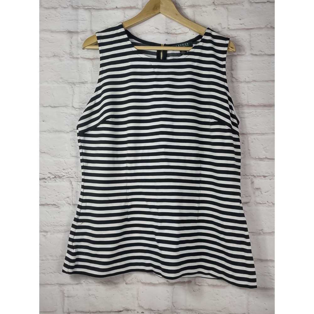 LRL Lauren Ralph Lauren Striped Sleeveless Top Stretch Knit 1X Zip Back Chic Fit